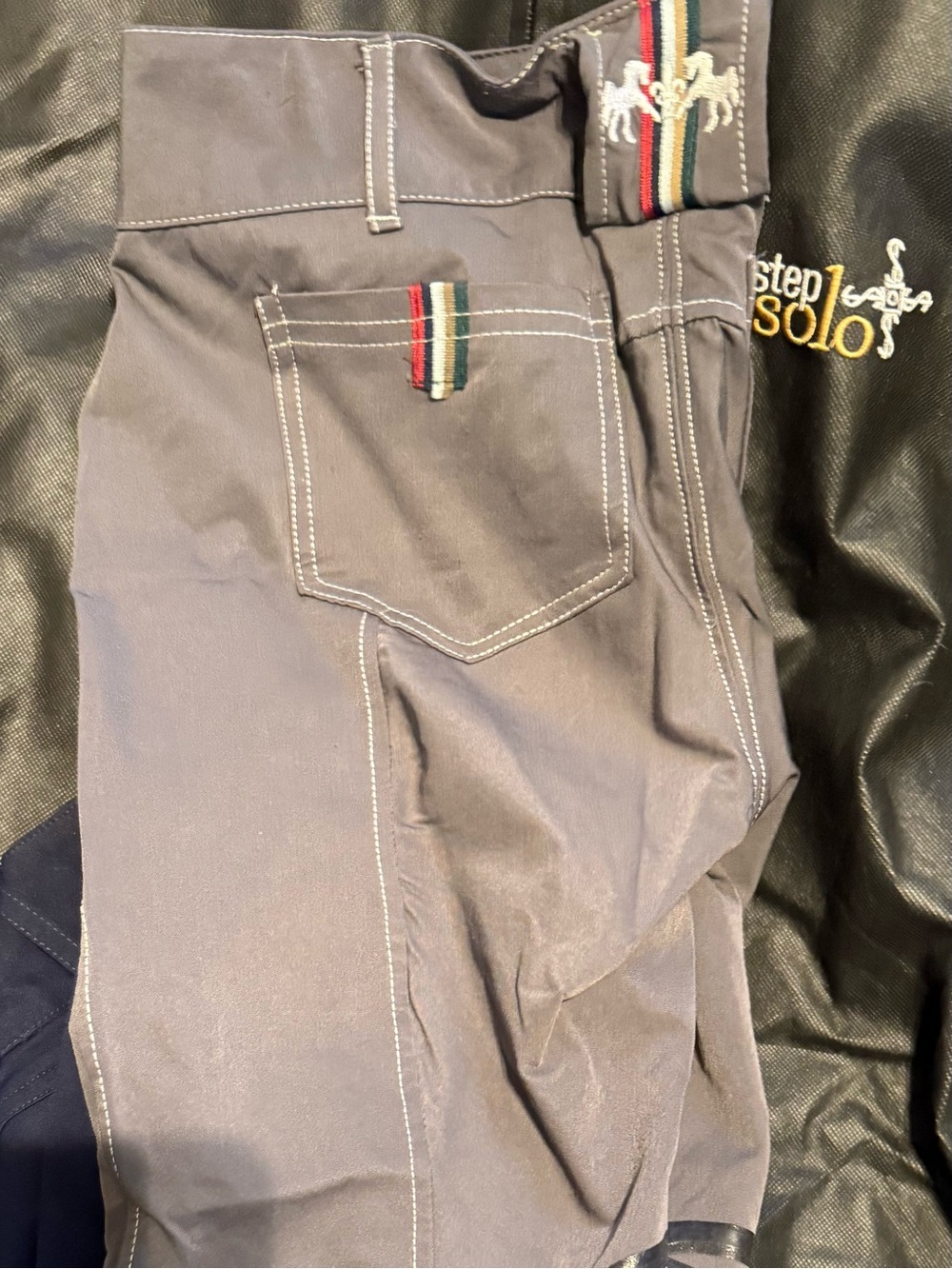 Gray Equestrian Breeches with Stripe Trim